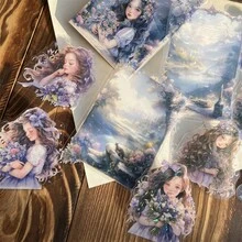 每包10張防水閃亮塑膠貼紙，角色、夢幻、花朵女孩、可愛女孩、手帳裝飾、手繪材料、貼紙