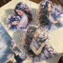 每包10張防水閃亮塑膠貼紙，角色、夢幻、花朵女孩、可愛女孩、手帳裝飾、手繪材料、貼紙