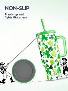 40盎司带把手吸管保温杯，真空保温水瓶，带吸管盖，不锈钢保温旅行杯，100%防漏，保冷34小时（三叶草图案） - 綠色 - 查看 6