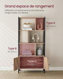 VASAGLE Étagère, Bibliothèque à 4 Niveaux, Meuble de Rangement, Placad, avec Portes, Grand, Cadre en Acier, pour Salon, Bureau, Chambre, Style Industriel, Marron Camel et Noir d'encre - Gris pâle - Voir 3