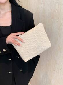 新款春夏时尚百搭纯色编织化妆包带字母布标，休闲手拿包/小单肩包/化妆包/手机包/沙滩包化妆品收纳包化妆品收纳袋迷你包旅行小化妆盒配件化妆架刷子包化妆品容器化妆包旅行必需品女士配饰旅行用品