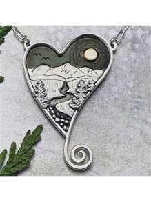 Vintage Boho Style Creative Mountain & Heart Pendant Necklace, Women's Party Accessory Gift