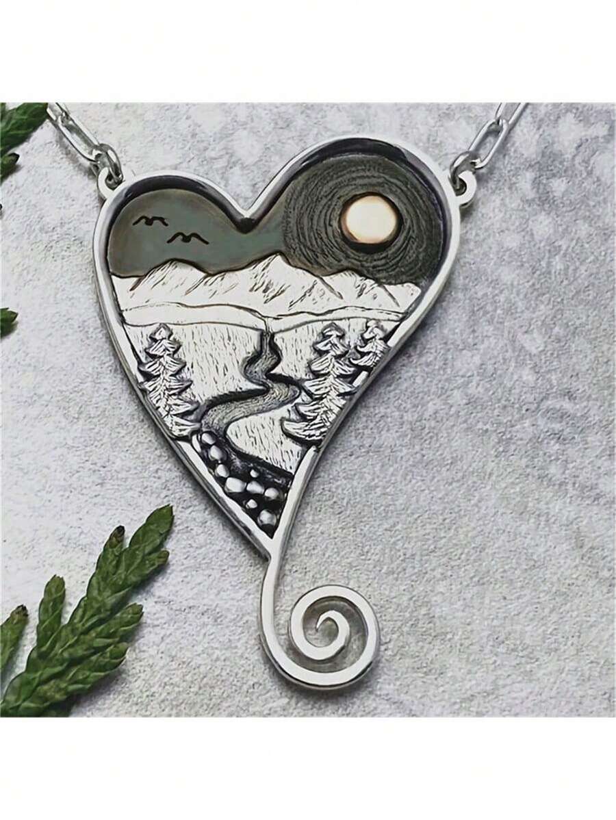 Vintage Boho Style Creative Mountain & Heart Pendant Necklace, Women's Party Accessory Gift