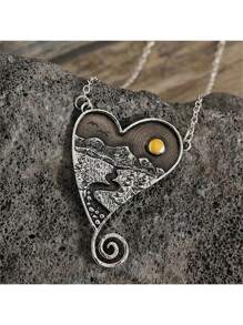Vintage Boho Style Creative Mountain & Heart Pendant Necklace, Women's Party Accessory Gift