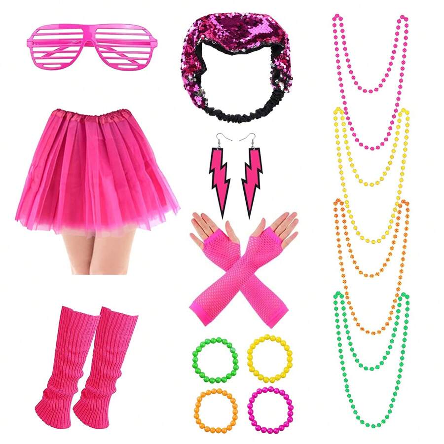 Set de ropa de los años 80 para mujer con accesorios de disfraz de los 80 con diadema, guantes de malla, aretes, pulseras, collares, gafas de vestir, calentadores de piernas y diademas para fiesta-rosado - Rosa - Ver 1