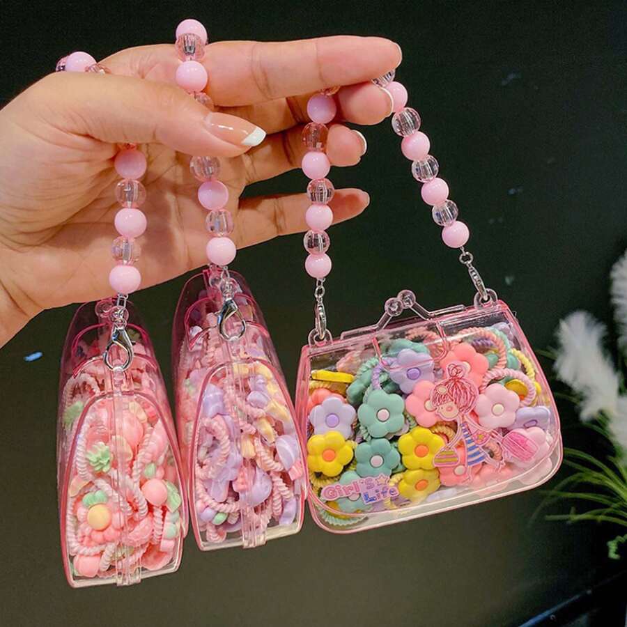 20入可愛仿真珍珠盒裝花朵卡通髮圈,不傷髮迷你彈性髮圈,美妝居家髮飾配件 - 彩色 - 查看 1
