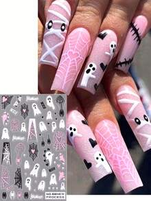 2入組3D萬聖節骷髏頭指甲藝術貼紙，可愛卡通鬼怪蜘蛛網指甲貼紙，詭異設計DIY指甲設計美甲配件工具貼紙，友人禮物 - 查看 2