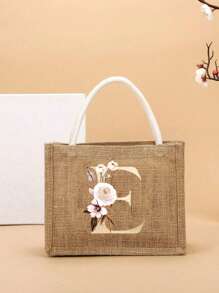 Pendlertasche Handtasche Leinentasche farblicher Kontrast tragbar für Festivals, Schule, Geschenktüte, Einkaufstasche, Handtasche für Frauen, Mode Jutegewebe Einkaufstasche mit modischem Buchstaben- und Blumenmuster aus Leinenmaterial für College-Studenten, Büroarbeiter, Damen, Lehrer, Valentinstag-Geschenk für Paar, beste Geschenke für Lehrer, Dankeschön-Geschenk für Lehrer - Khaki - Übersicht 10