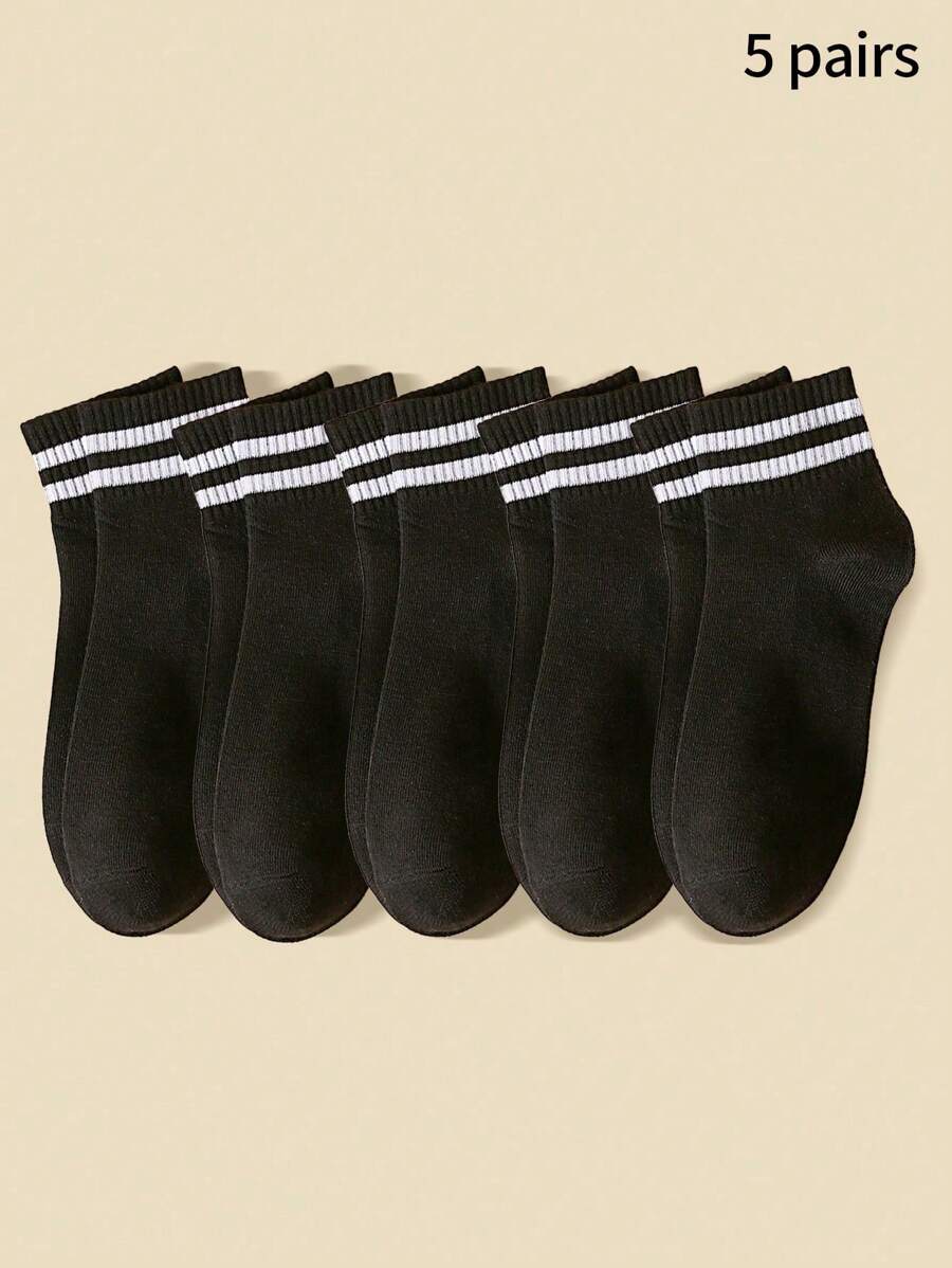 5pairs/Pack Women's White And Black Striped Simple And Versatile Campus Sport Short Socks