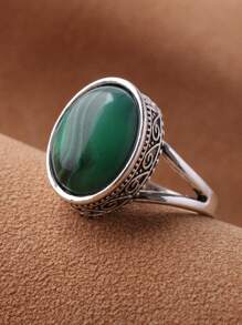 1枚复古银色绿条纹戒指，1枚椭圆形戒指，1枚仿绿松石戒指 - 綠色 - 查看 2