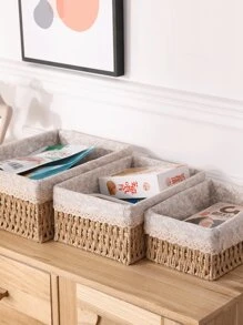 1 pezzo Scatola di immagazzinamento intrecciata a mano da scrivania, cesto di immagazzinamento, scatola di immagazzinamento, stile retrò, per cancelleria, snack, cucina, giocattoli, cosmetici, cucina, accessori per la cucina, utensili da cucina, organizer per la cucina, organizer per il trucco, oggetti per matrimoni, decorazioni floreali, oggetti per la casa, tavolo, decorazioni per la casa, organizzazione e immagazzinamento domestico, decorazione della stanza, decorazione della camera da letto, cesto per piante in corda di stile bohémien, decorazione da giardino in rattan naturale misto, cesti boho con cornice in metallo per atmosfera costiera, cesto geometrico, per il ritorno a scuola