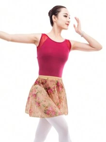 balletto 成人女士芭蕾練習舞蹈印花短裙,單層雪紗腰帶網紗短裙,半長款 - 粉色 - 查看 1