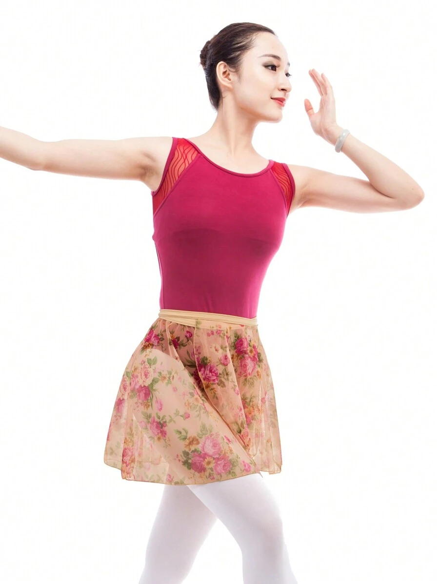 balletto 成人女士芭蕾練習舞蹈印花短裙,單層雪紗腰帶網紗短裙,半長款 - 粉色 - 查看 1