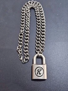 1pc Men's R-Shaped Pendant Necklace, Gentleman Jewelry, Silver, Unique Design, Black Rim, Suitable For Daily Wear - Silver - View 5