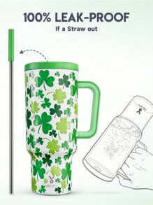 40盎司带把手吸管保温杯，真空保温水瓶，带吸管盖，不锈钢保温旅行杯，100%防漏，保冷34小时（三叶草图案） - 綠色 - 查看 5