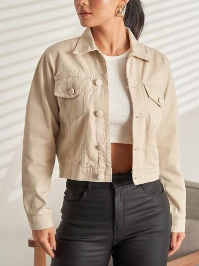 jaqueta jeans sarja simples Feminina com bolso  Casacos Tendencia 100% algodao