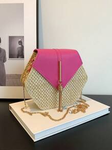 Yogodlns 六邊形編織草編斜挎包，配流蘇裝飾