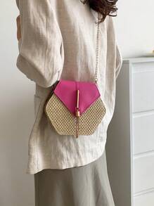 Yogodlns 六邊形編織草編斜挎包，配流蘇裝飾