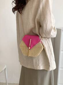 Yogodlns 六邊形編織草編斜挎包，配流蘇裝飾