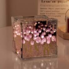 21pz Flor Lámpara de noche de tulipán, lámpara LED de espejo infinito, tulipanes, decoración de producto terminado, luces artificiales, lámpara de mesita de noche Regalo para novia, niños DIY, regalo de cumpleaños, decoración de la habitación 12*12*12CM - Morado - Ver 1