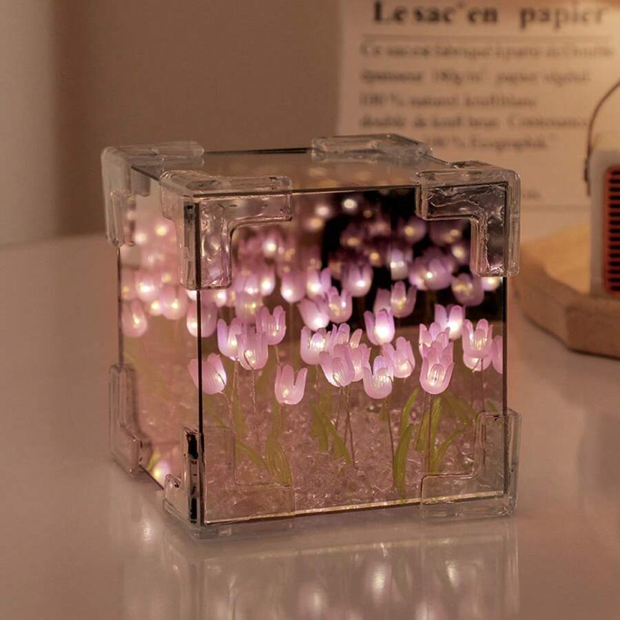 21pz Flor Lámpara de noche de tulipán, lámpara LED de espejo infinito, tulipanes, decoración de producto terminado, luces artificiales, lámpara de mesita de noche Regalo para novia, niños DIY, regalo de cumpleaños, decoración de la habitación 12*12*12CM - Morado - Ver 1