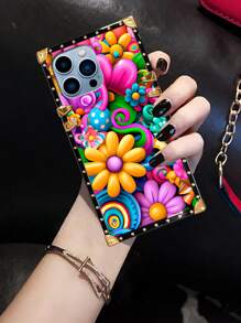 1个多色花卉图案长方形防震时尚手机壳，兼容 16 Pro Max、 15 Pro Max/15/14 Plus/14PM/14/13/12/11/XR、Galaxy、Redmi Note 13 Pro 5G/Note 12 Pro+ 5G、OPPO A79 5G/A78 5G/A38/A18、Realme C61/C63/C55/C53、vivo Y36/Y28 4G/Y18s、Infinix Smart8、Spark20、Spark20C、Spark GO 2024/HOT 40i，创意情人节礼物，国际版，非国内版 - 彩色 - 查看 1