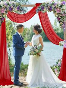 2件装3米红色雪纺拱形帘，婚礼拱门装饰，生日派对背景，情人节装饰，涤纶浪漫派对装饰，婚礼派对新娘送礼，房间装饰 - 紅色 - 查看 5