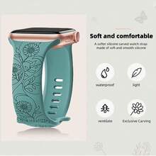 1 pieza Banda de reloj de silicona con patrón floral Compatible con Apple Watch 9 Ultra/Apple Watch con grabado del logotipo de Apple - Verde Oscuro - Ver 2