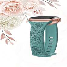 1 pieza Banda de reloj de silicona con patrón floral Compatible con Apple Watch 9 Ultra/Apple Watch con grabado del logotipo de Apple - Verde Oscuro - Ver 1