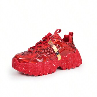 Women Letter Graphic Lace-up Front Chunky Sneakers, Sporty Sneakers