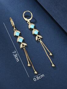 1 Pair Elegant Copper Plated Gold Fish Tail Square Blue Stone Tassel Earrings, Suitable For Women's Daily Wear - Yellow Gold - View 3
