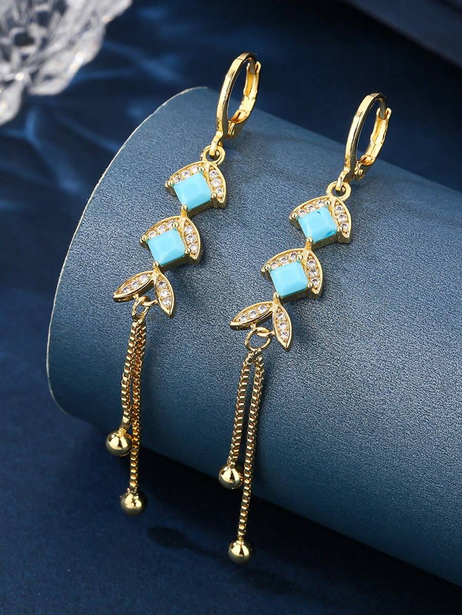 1 Pair Elegant Copper Plated Gold Fish Tail Square Blue Stone Tassel Earrings, Suitable For Women's Daily Wear - Yellow Gold - View 1