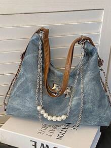 Túi đeo vai bằng vải denim dùng khi đi du lịch hoặc mua sắm, có thể chuyển đổi giữa đeo vai và đeo hai vai, túi có sức chứa lớn với trang trí dây xích, túi thường ngày, tặng kèm mặt dây chuyền bằng vải nhung - Xem 2