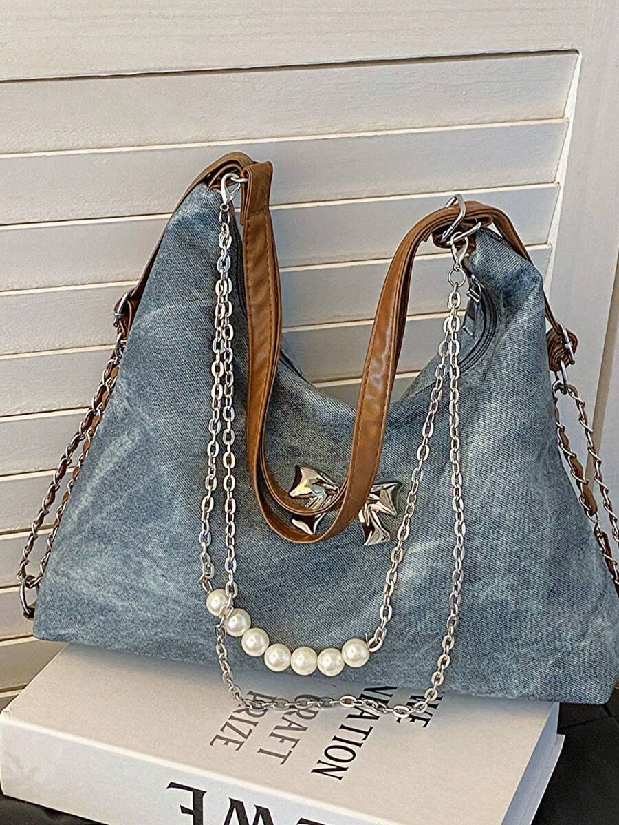 Túi đeo vai bằng vải denim dùng khi đi du lịch hoặc mua sắm, có thể chuyển đổi giữa đeo vai và đeo hai vai, túi có sức chứa lớn với trang trí dây xích, túi thường ngày, tặng kèm mặt dây chuyền bằng vải nhung