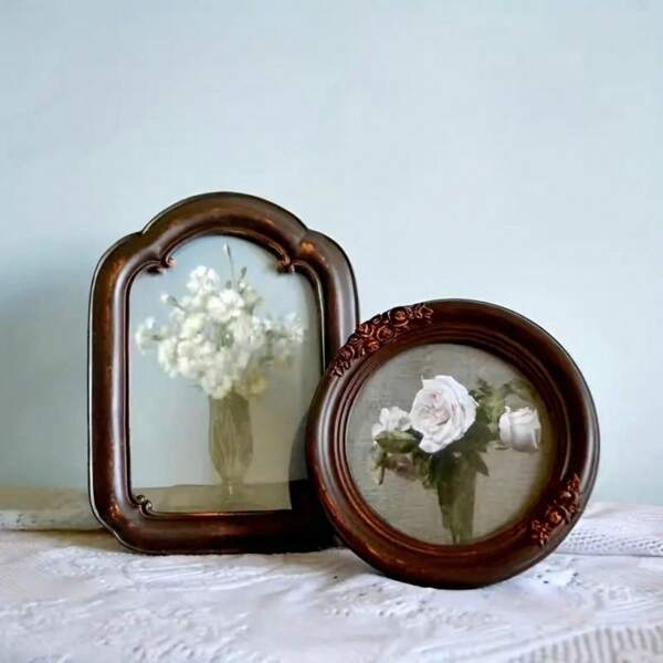 1 pieza Marco de fotos redondo clásico y vintage en color marrón oscuro, decoración de hogar, decoración de pared y mesa para celebrar el Día de la Madre, la temporada de primavera de graduación y de la escuela
