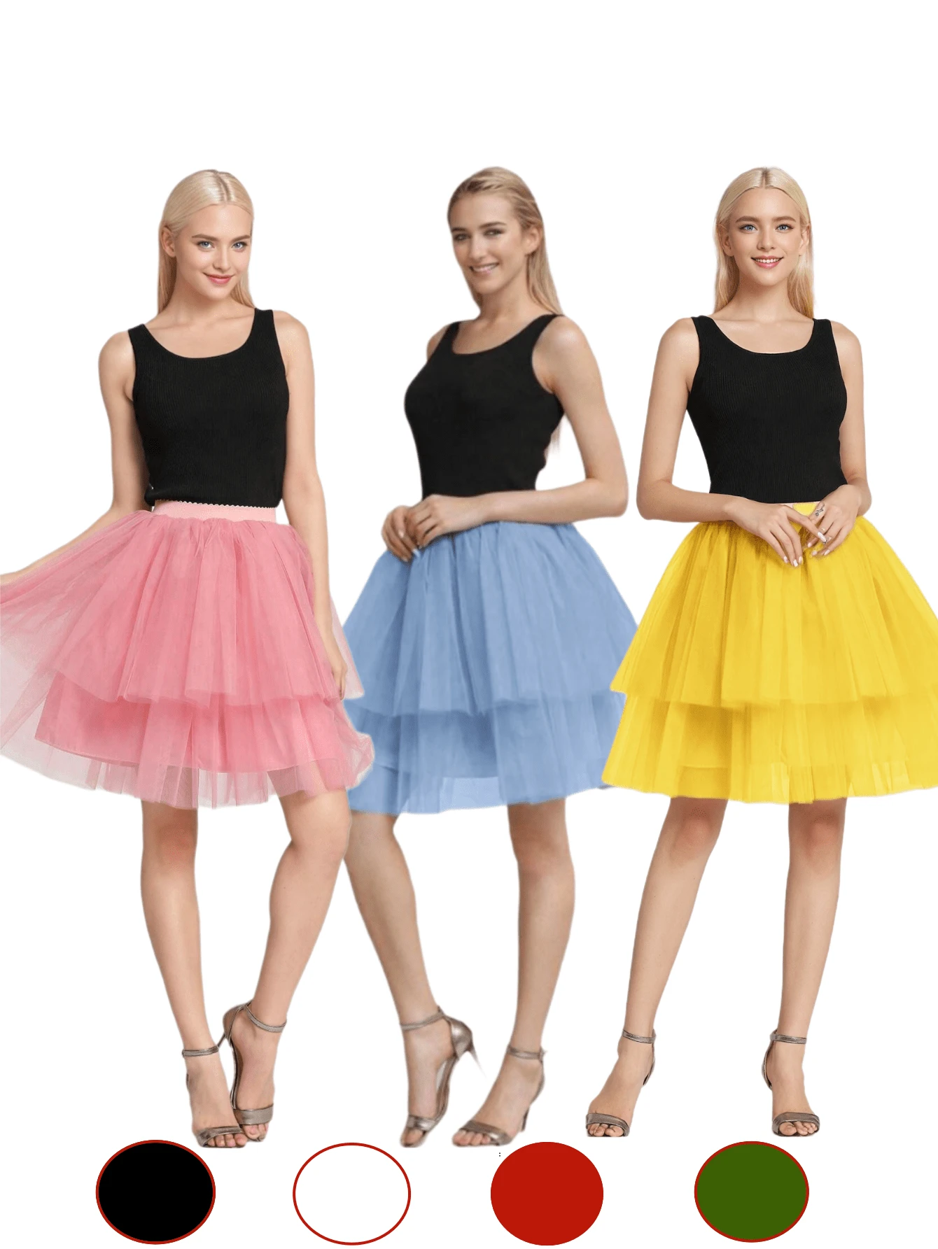 Women's Pink, Sky Blue, Yellow, Black, White, Red, Dark Green Layered Tulle Tutu Skirt, 4-Layer Tulle+1-Layer Lining Skirt, No Bones Underskirt Petticoat, Dress Petticoat, Festival Stage Performance Skirt, Summer Cosplay Costume Halloween Fall Clothes For Women - Multicolor - View 1
