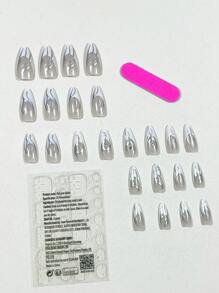 Kit de 24 uñas postizas en forma de almendra de tamaño mediano a largo con diseño sencillo francés plateado con estilo minimalista de metal pesado punk con borde blanco, incluye pegamento de uñas y cinta adhesiva de doble cara, para suministros de uñas y uñas postizas - Multicolor - Ver 2