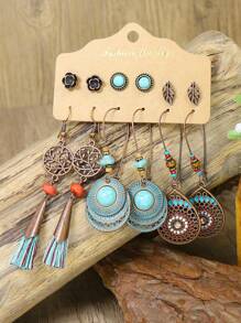 TopHanqi Juego de aretes colgantes de estilo vintage-geométrico con colgante hueco, decorado con turquesa y pedrería, para mujeres, elemento bohemio, para cuatro temporadas