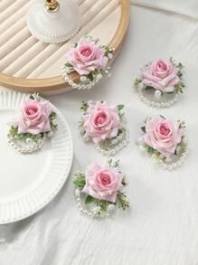 6 件装玫瑰花束，带满天星，适合新娘、伴娘、母亲、婆婆，饰有人造珍珠串珠链和腕带，非常适合婚礼、周年纪念、舞会和其他特殊场合情人节情人节