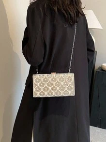 Glitter Bling,Shiny Glamorous,Elegant,Exquisite Argyle Princess Faux Pearl & Rhinestone Pearl Chain & Decor Silver Mini Rhinestone & Faux Pearl Metal Chain Shoulder Strap Crossbody Box Bag Suitable For Women's Daily Commute, Shopping, Tourism, Party, Gift, Fashion Events For Party, Wedding, Prom And Dinner, Lipsticks, Women's Pearl Bag Dinner Bag,Evening Bag For Party Girl,Woman,For Female Perfect For Party,Wedding,Prom,Dinner/Banquet,For Best Gift For Women