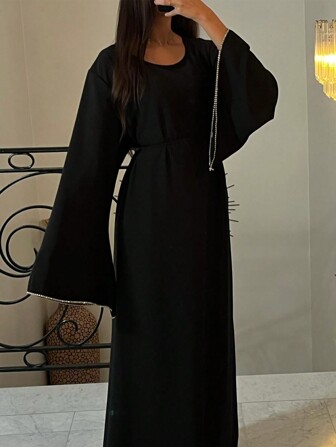 1pc Women Hijab Pure Black Crystal-Studded Elegant Abaya Dress For Women, Suitable For Daily Gatherings