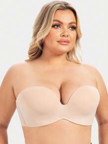 Plus Wireless Plain Push Up Strapless Bra - Apricot - View 1