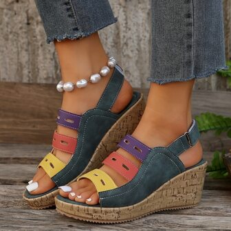 Plus Size Colorblock Wedge Heels Sandals For Women, Summer 2024 New Arrival European And American Style Leisure Slides