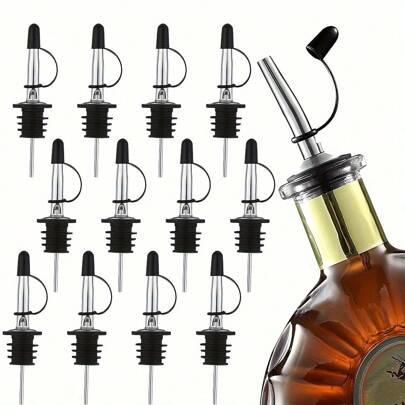 4/6/8/12pcs Stainless Steel Pourers, Liquor Bottle Pourers And Vinegar Tapered Stopper Spout, Liquor Pourers With Rubber Dust Caps, Bar Accessories, Valentine's Day Gift, For Outdoor, Camping