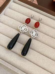1pair New Chinese Style Copper Teardrop-Shaped Faux Jade Dangle Earrings For Women, Suitable For Evening Parties - Đầy màu sắc - Xem 3