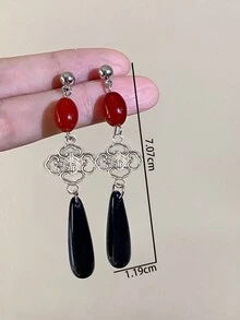 1pair New Chinese Style Copper Teardrop-Shaped Faux Jade Dangle Earrings For Women, Suitable For Evening Parties - Đầy màu sắc - Xem 4