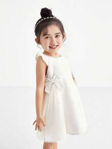 Annil Young Girl Summer Sweet Round Neck Cute Bow Pleated Mesh Children's Dress - Champagne - View 5