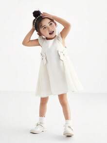 Annil Young Girl Summer Sweet Round Neck Cute Bow Pleated Mesh Children's Dress - Champagne - View 3