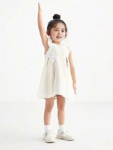 Annil Young Girl Summer Sweet Round Neck Cute Bow Pleated Mesh Children's Dress - Champagne - View 4