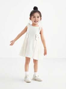 Annil Young Girl Summer Sweet Round Neck Cute Bow Pleated Mesh Children's Dress - Champagne - View 1